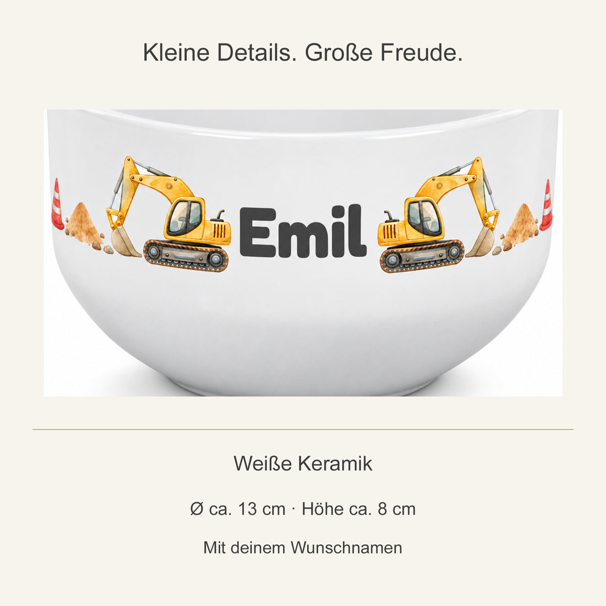 Detail des Bagger-Aufdrucks auf weißer Keramik
