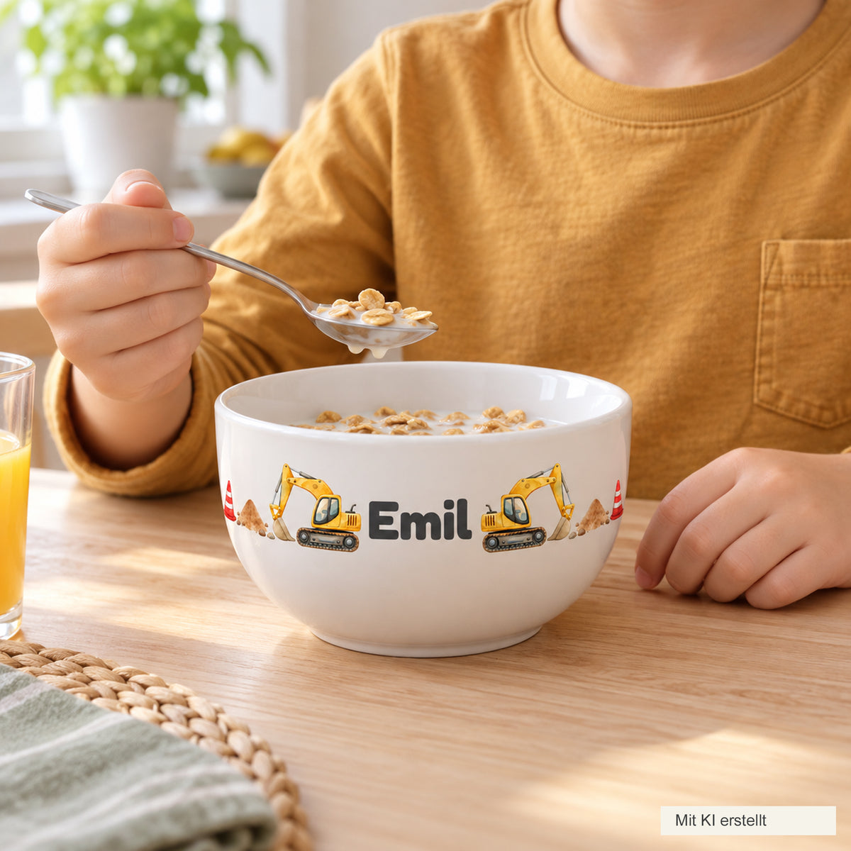 Person mit personalisierter Bagger-Müslischale beim Frühstück