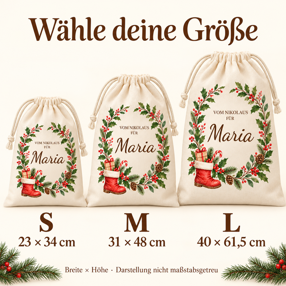 Drei Nikolaussäcke mit Stiefelmotiv in S, M und L mit den Maßangaben 23 × 34, 31 × 48 und 40 × 61,5 Zentimeter.