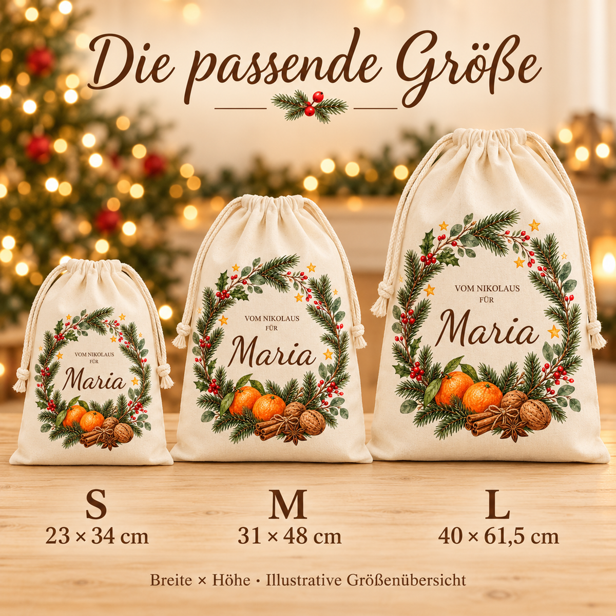 Drei Nikolaussäcke mit Mandarinenkranz in einer illustrativen Größenübersicht: S 23 × 34 cm, M 31 × 48 cm und L 40 × 61,5 cm.
