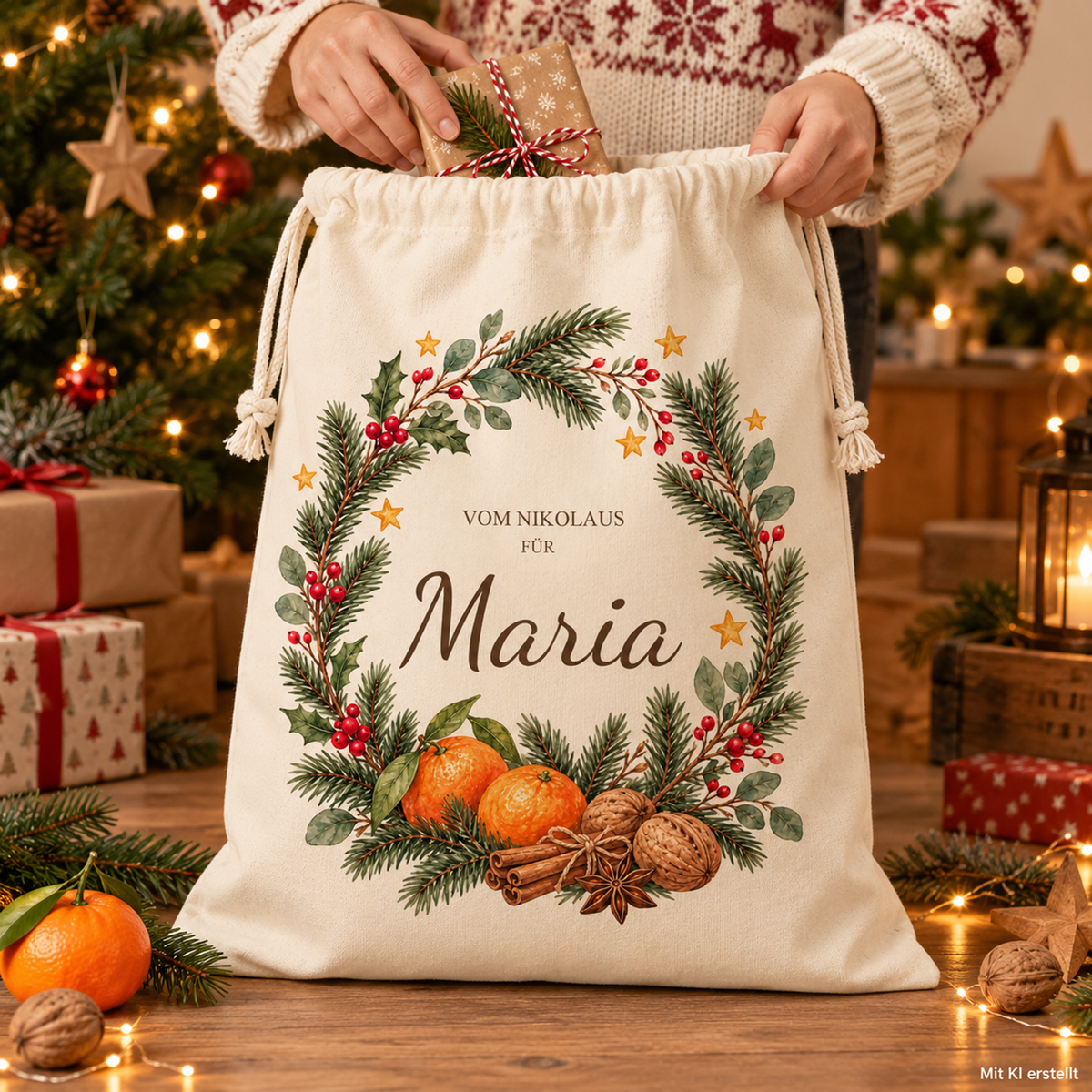 Hände legen ein Geschenk in den offenen Nikolaussack mit Mandarinenkranz und Wunschname; unten rechts steht Mit KI erstellt.