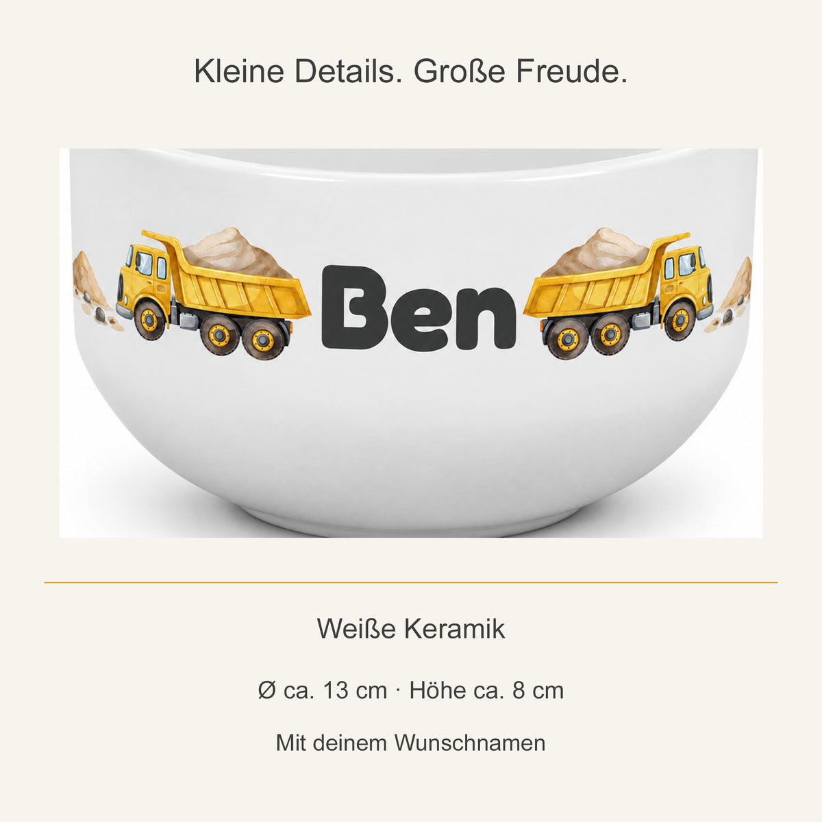 Detail des Kipplaster-Aufdrucks auf weißer Keramik