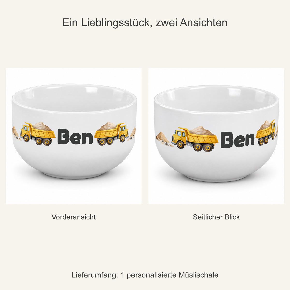 Zwei Ansichten derselben Kipplaster-Müslischale
