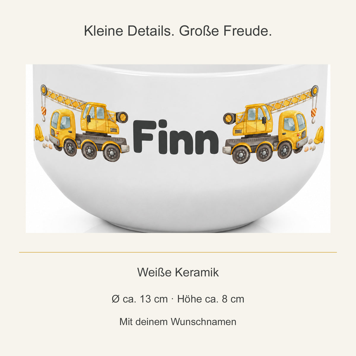 Detail des Kran-Aufdrucks auf weißer Keramik