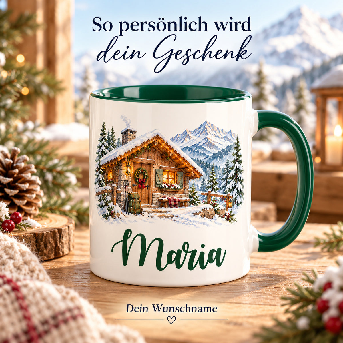 Großer Wunschname unter dem Motiv: weihnachtliche Berghütte.