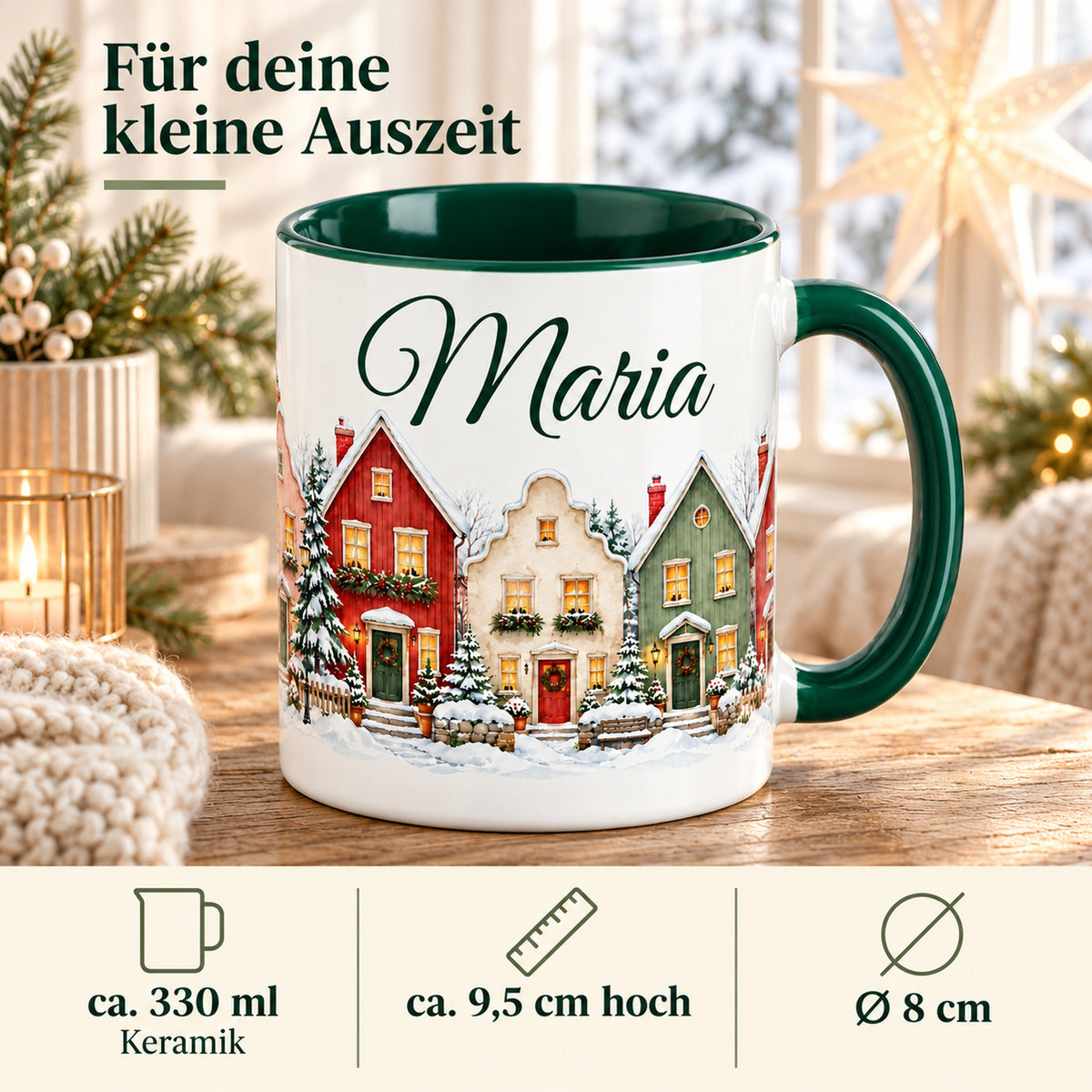 Winterdorf-Tasse Giebelgasse mit Angaben zu Keramik, ca. 330 ml und 9,5 cm Höhe.