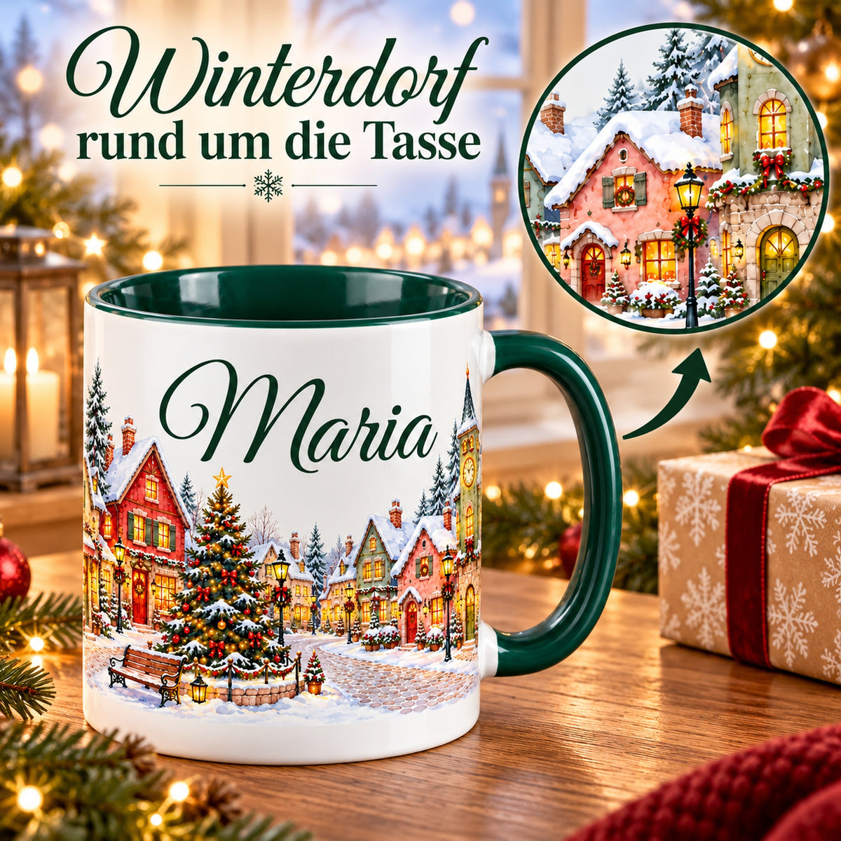 Tasse Dorfplatz mit rundem Detailausschnitt eines weiteren Abschnitts des Winterdorf-Panoramas.
