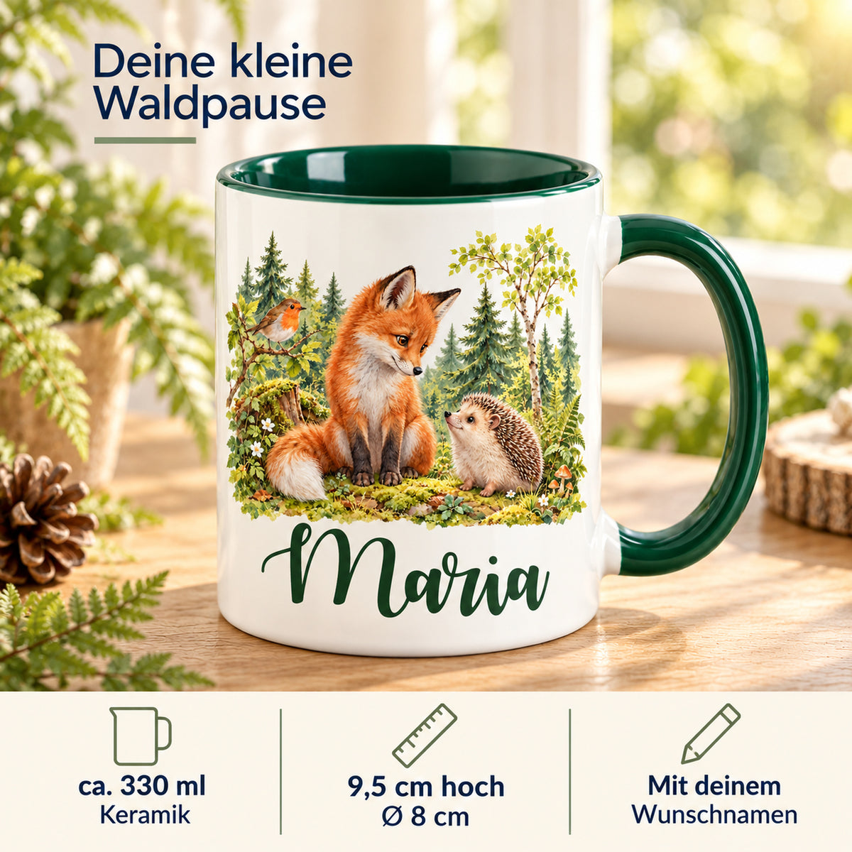 Tasse mit Fuchs, Igel und Rotkehlchen: Infografik zu ca. 330 ml, Keramik, Maßen und Wunschnamen.