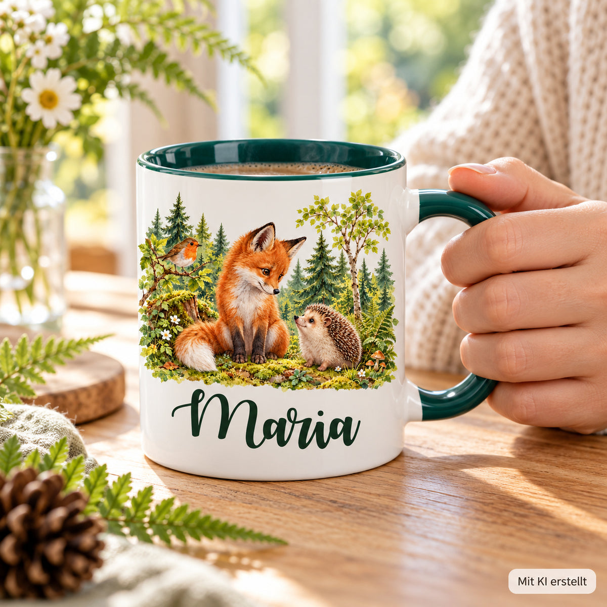 Eine Hand am grünen Henkel der Namenstasse mit Fuchs und Igel auf einem Holztisch.
