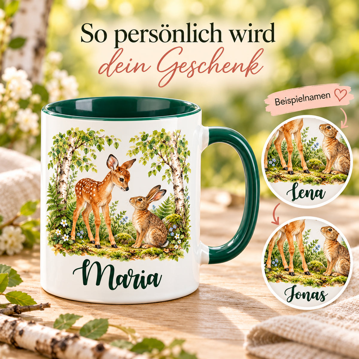 Namenstasse mit Rehkitz und Hasen, daneben zwei runde Ausschnitte mit unterschiedlichen Beispielnamen.