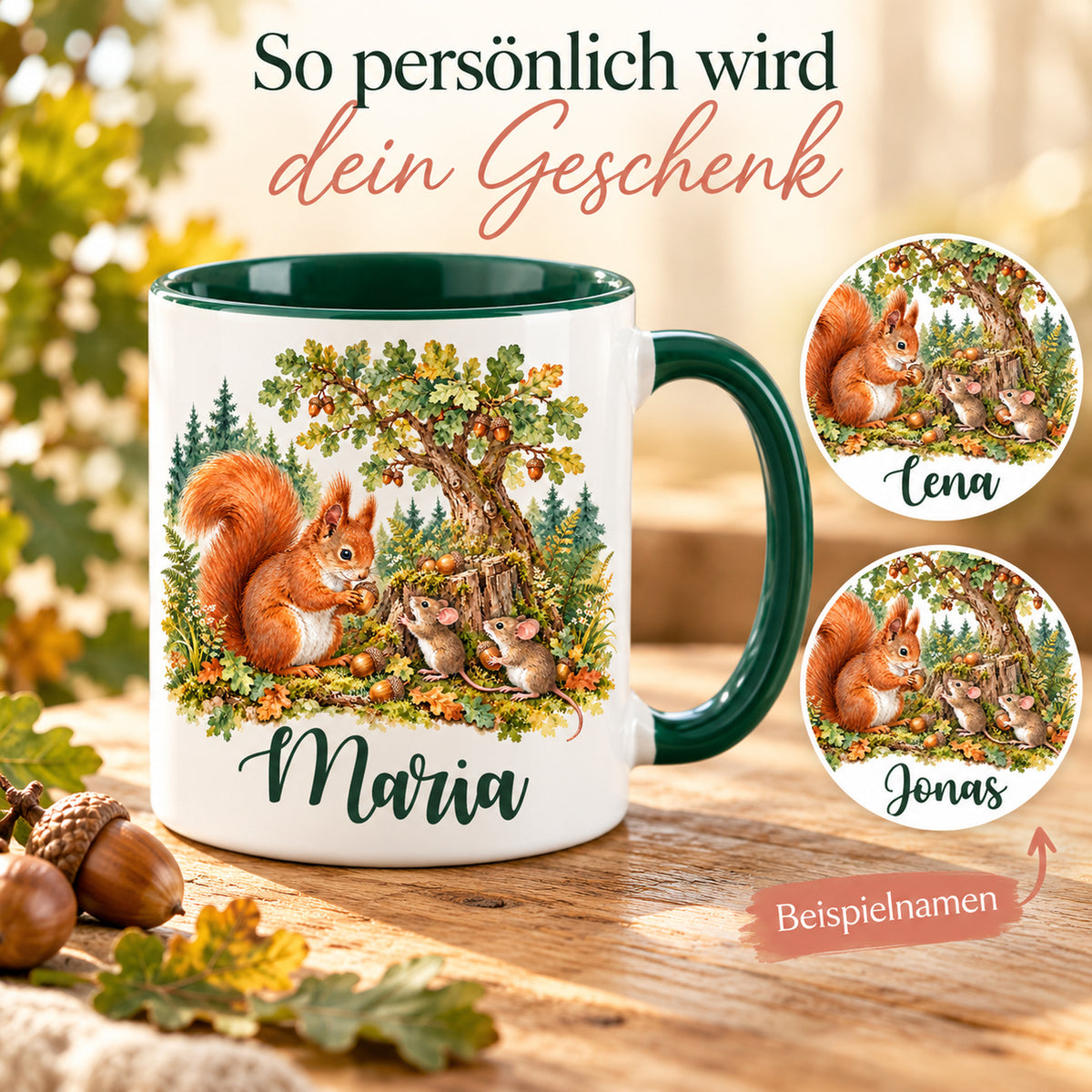 Namenstasse mit Eichhörnchen und Mäusen, daneben zwei runde Ausschnitte mit unterschiedlichen Beispielnamen.