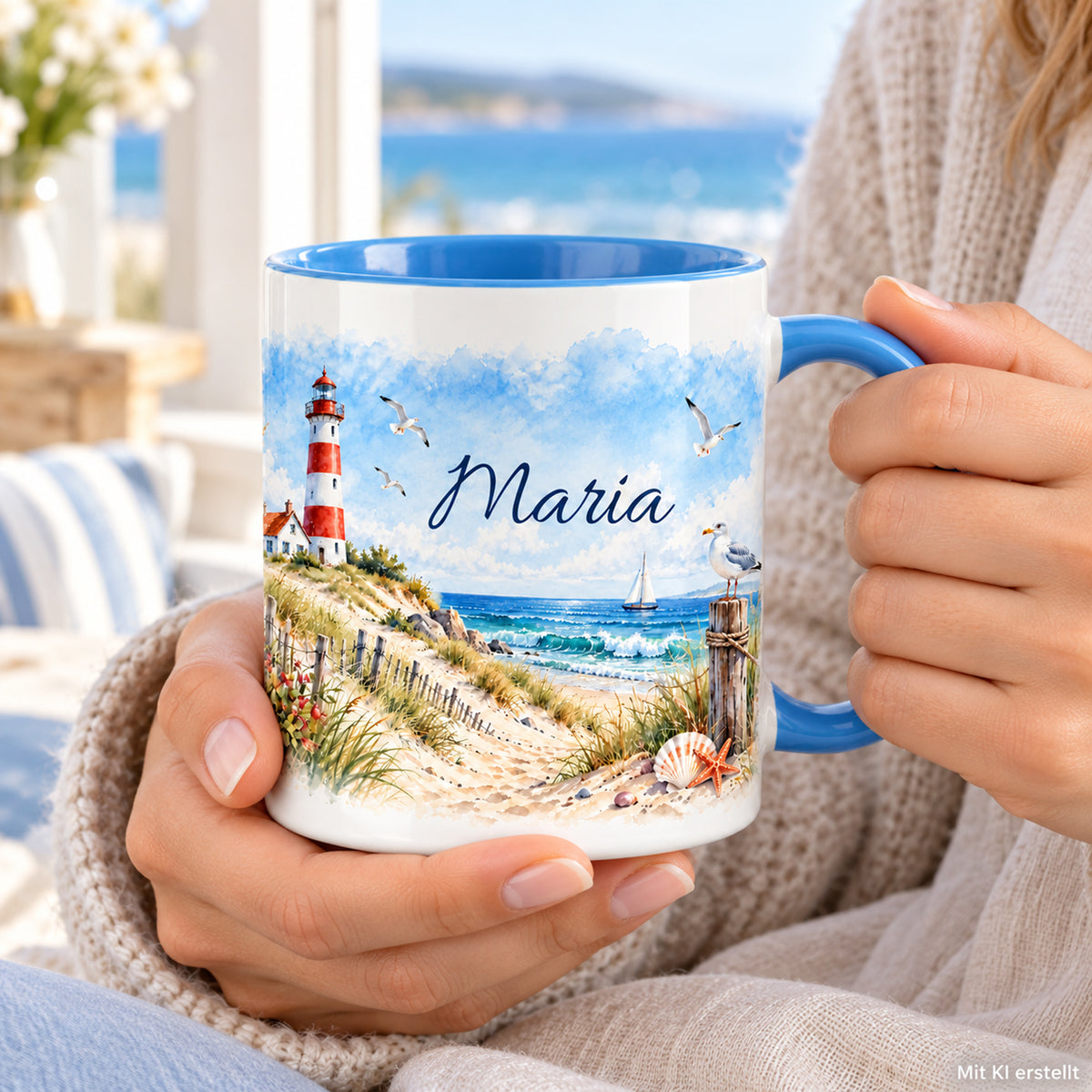 Hände halten eine maritime Tasse mit Wunschname und hellblauem Henkel