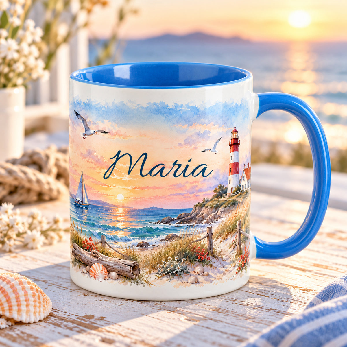 Schrägansicht der maritimen Tasse mit Wunschname und hellblauer Innenseite