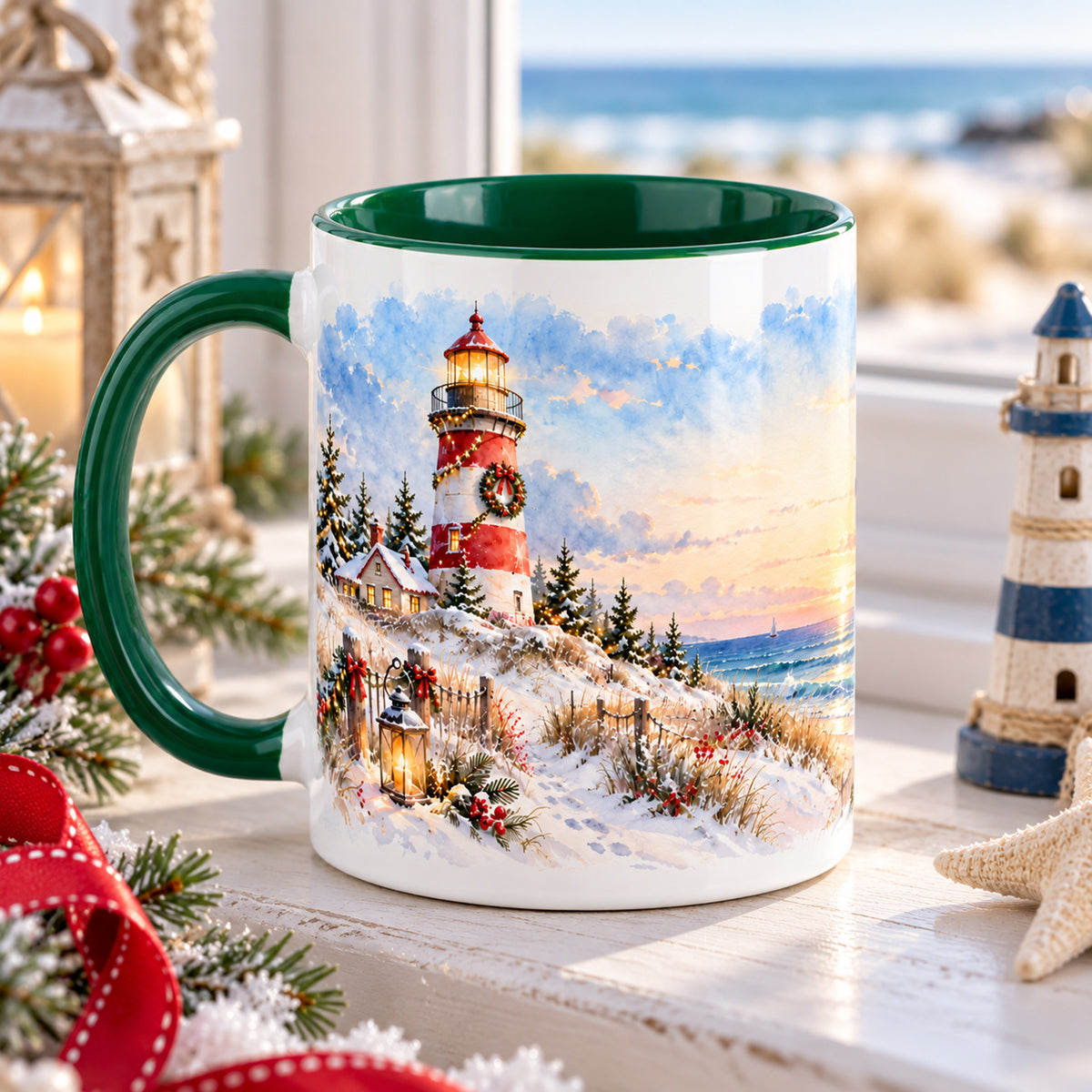 Weitere Ansicht der grün-weißen Tasse mit einem Abschnitt des weihnachtlichen Küstenpanoramas Weihnachtsleuchtturm.