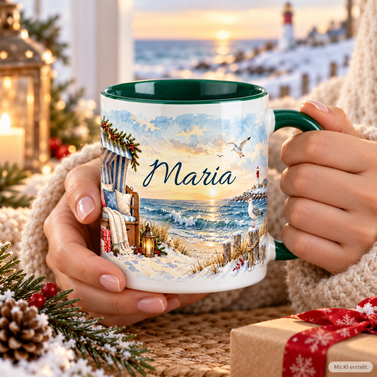 Erwachsene Hände halten die grün-weiße Weihnachtstasse mit dem Küstenmotiv Weihnachten am Strandkorb.