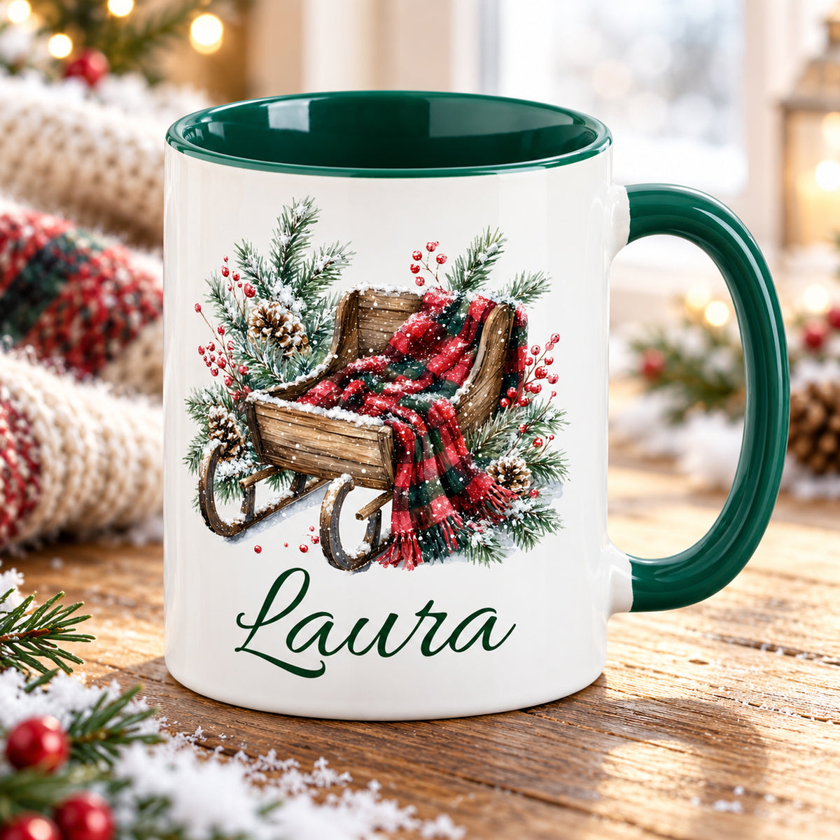 Schrägansicht der Tasse mit Schlitten-Motiv und Wunschname; grüner Innenraum sichtbar.