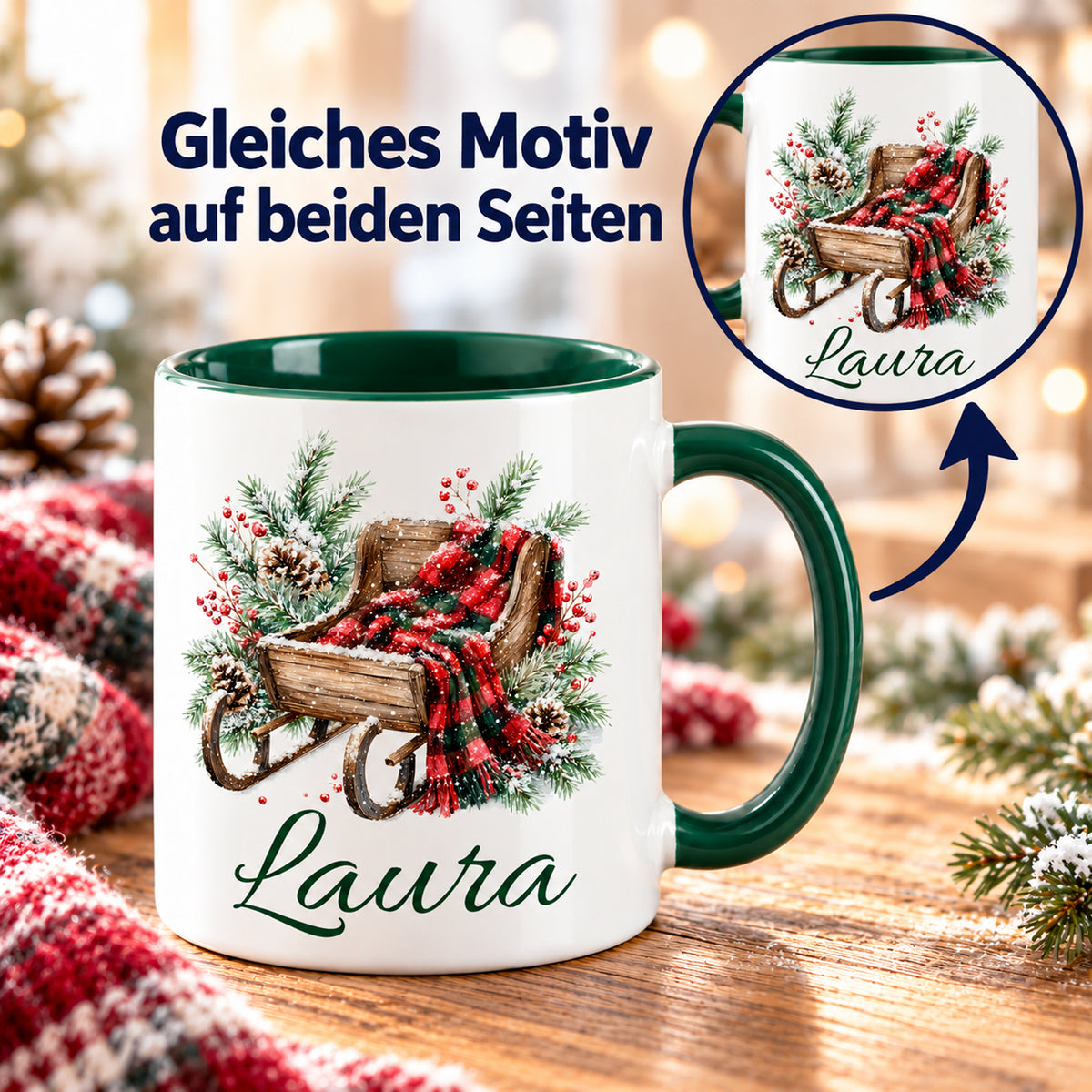 Vorder- und Rückseite der Tasse mit gleichem Schlitten-Motiv und Wunschname.