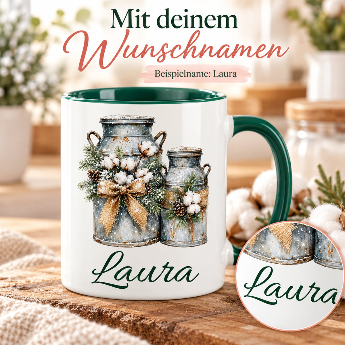 Personalisierte Tasse mit Milchkannen-Motiv; vergrößertes Detail der dunkelgrünen Namensschrift.