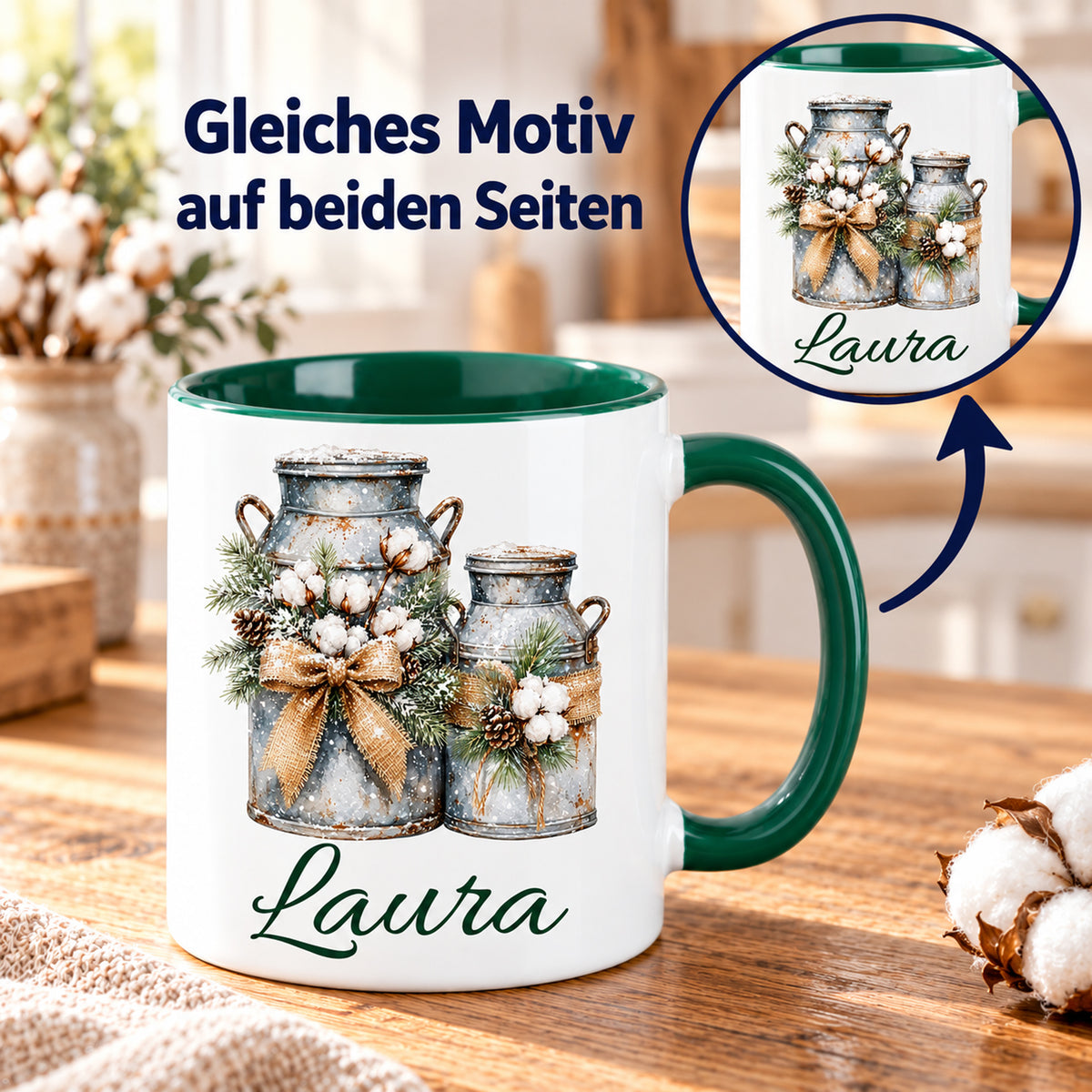 Vorder- und Rückseite der Tasse mit gleichem Milchkannen-Motiv und Wunschname.