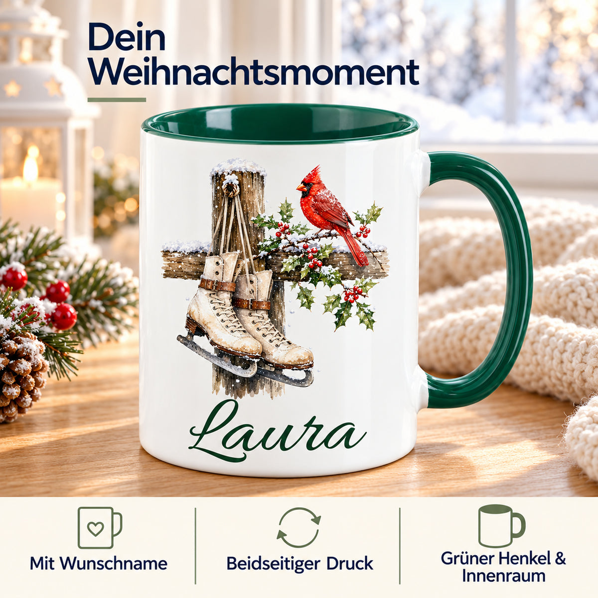 Tasse mit Schlittschuhe-Motiv: Wunschname, beidseitiger Druck sowie grüner Henkel und Innenraum.