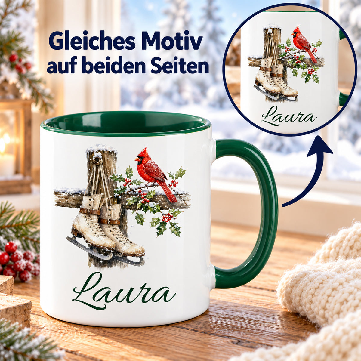 Vorder- und Rückseite der Tasse mit gleichem Schlittschuhe-Motiv und Wunschname.
