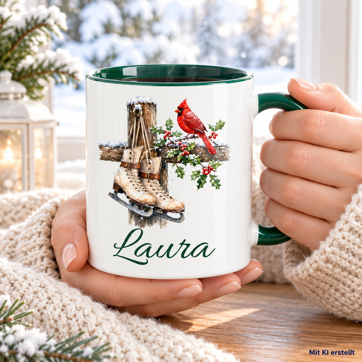 In Händen gehaltene Tasse mit Schlittschuhe-Motiv und Wunschname, als KI-Bild gekennzeichnet.