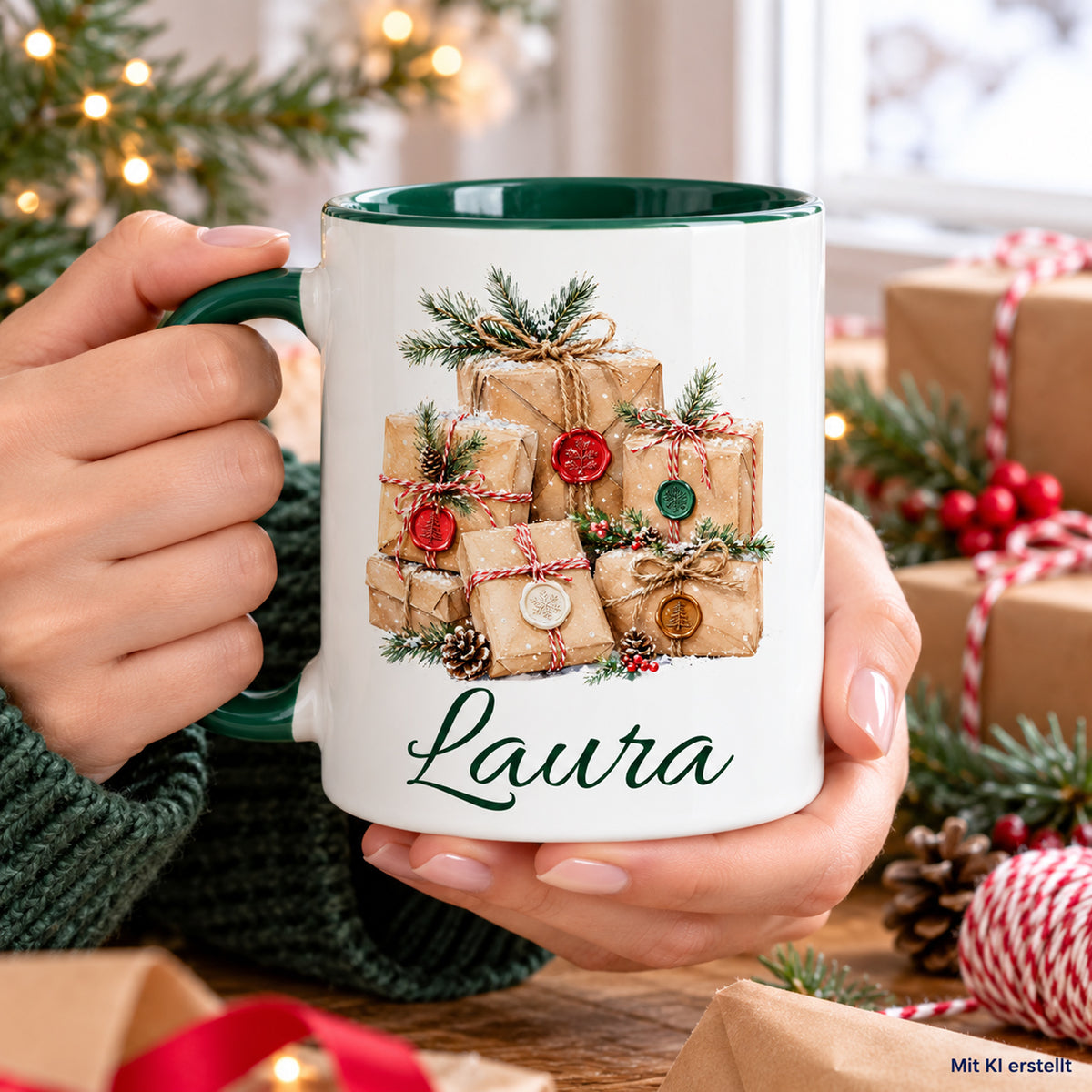 In Händen gehaltene Tasse mit Geschenke-Motiv und Wunschname, als KI-Bild gekennzeichnet.