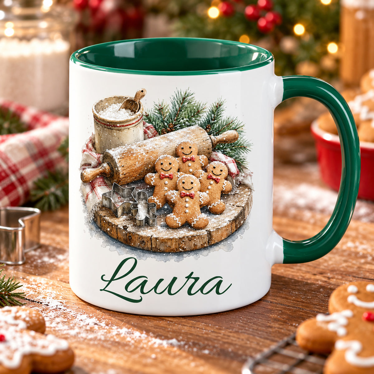 Schrägansicht der Tasse mit Weihnachtsbäckerei-Motiv und Wunschname; grüner Innenraum sichtbar.