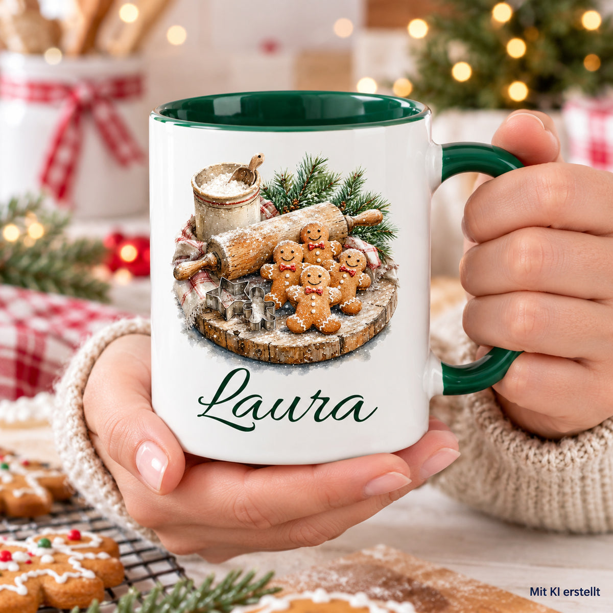 In Händen gehaltene Tasse mit Weihnachtsbäckerei-Motiv und Wunschname, als KI-Bild gekennzeichnet.