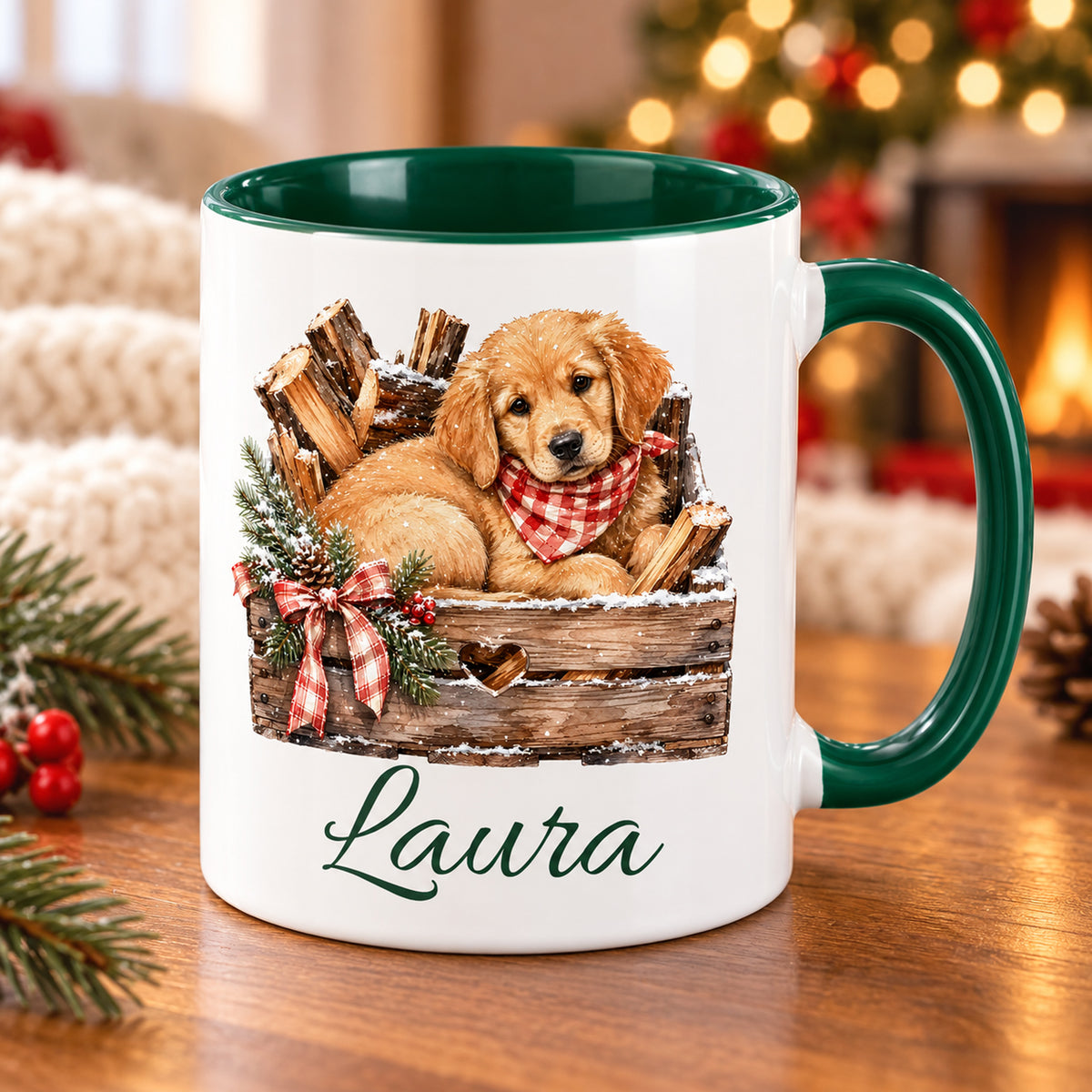 Schrägansicht der Tasse mit Hund-Motiv und Wunschname; grüner Innenraum sichtbar.