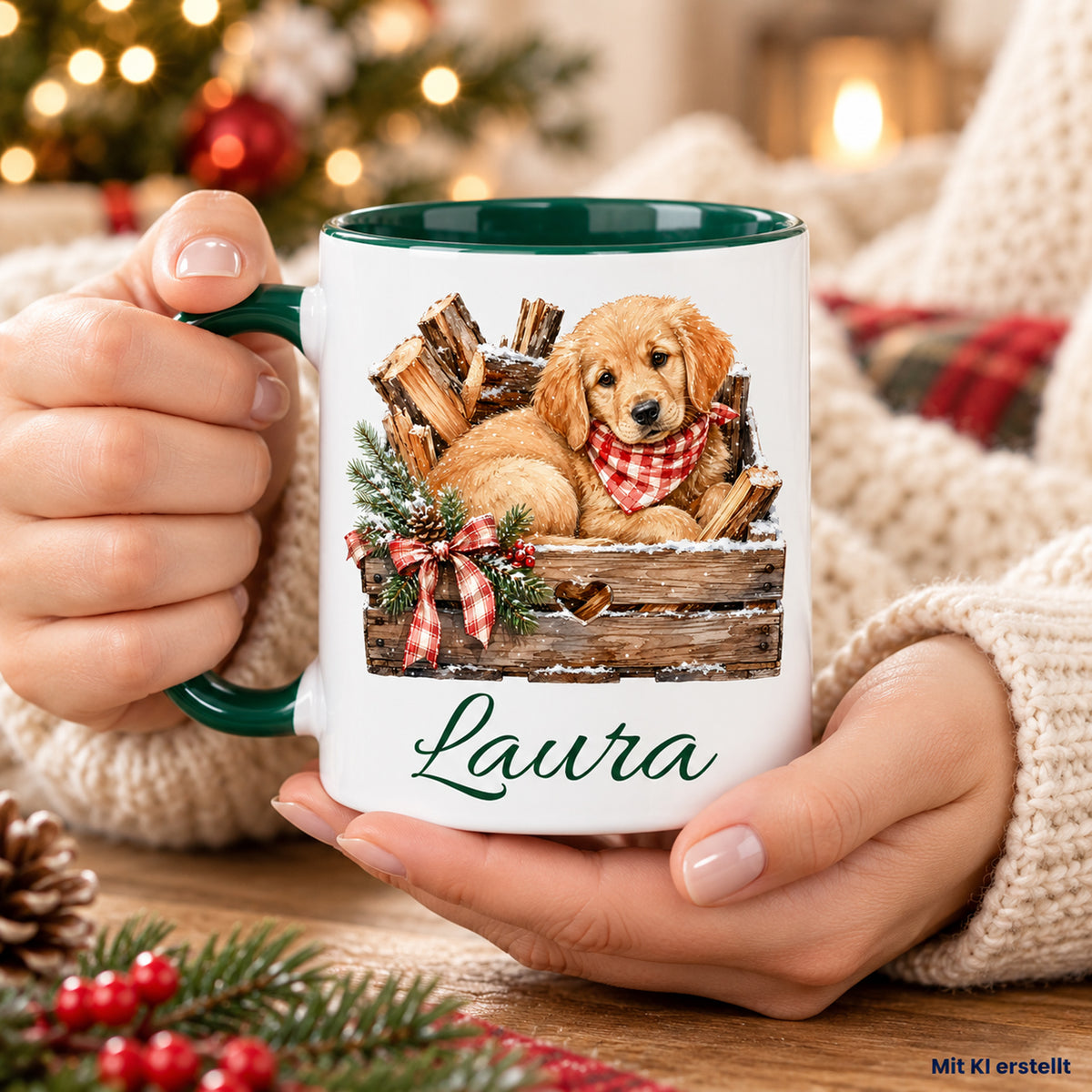 In Händen gehaltene Tasse mit Hund-Motiv und Wunschname, als KI-Bild gekennzeichnet.