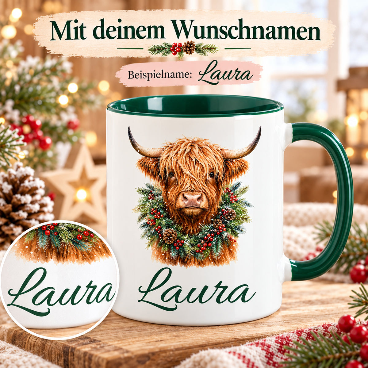 Personalisierte Tasse mit Hochlandrind-Motiv; vergrößertes Detail der dunkelgrünen Namensschrift.