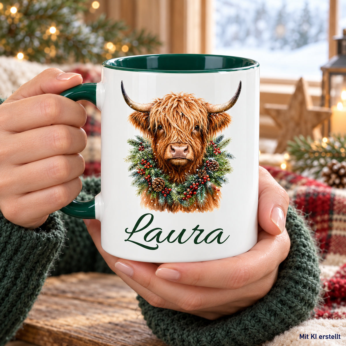 In Händen gehaltene Tasse mit Hochlandrind-Motiv und Wunschname, als KI-Bild gekennzeichnet.