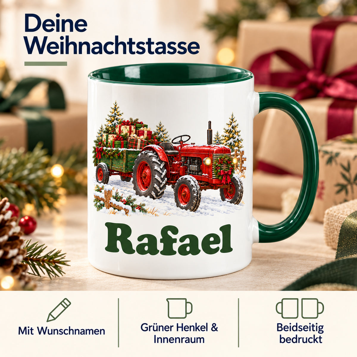 Weiße Tasse mit grünem Henkel und Innenraum; Infografik zu Wunschname, grünen Akzenten und beidseitigem Druck.