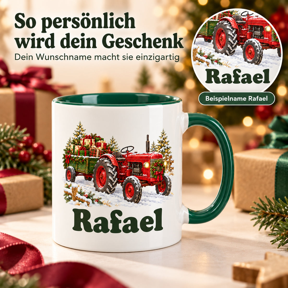 Weiße Tasse mit grünem Henkel: Trecker mit Geschenken und Wunschname; runder Ausschnitt zeigt den personalisierten Druck.