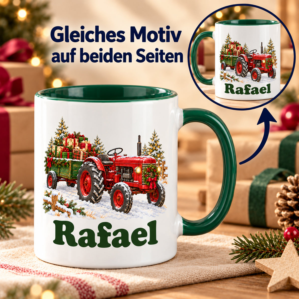 Weiße Tasse mit grünem Henkel: Trecker mit Geschenken; runder Ausschnitt zeigt gleichen Druck auf der Gegenseite.
