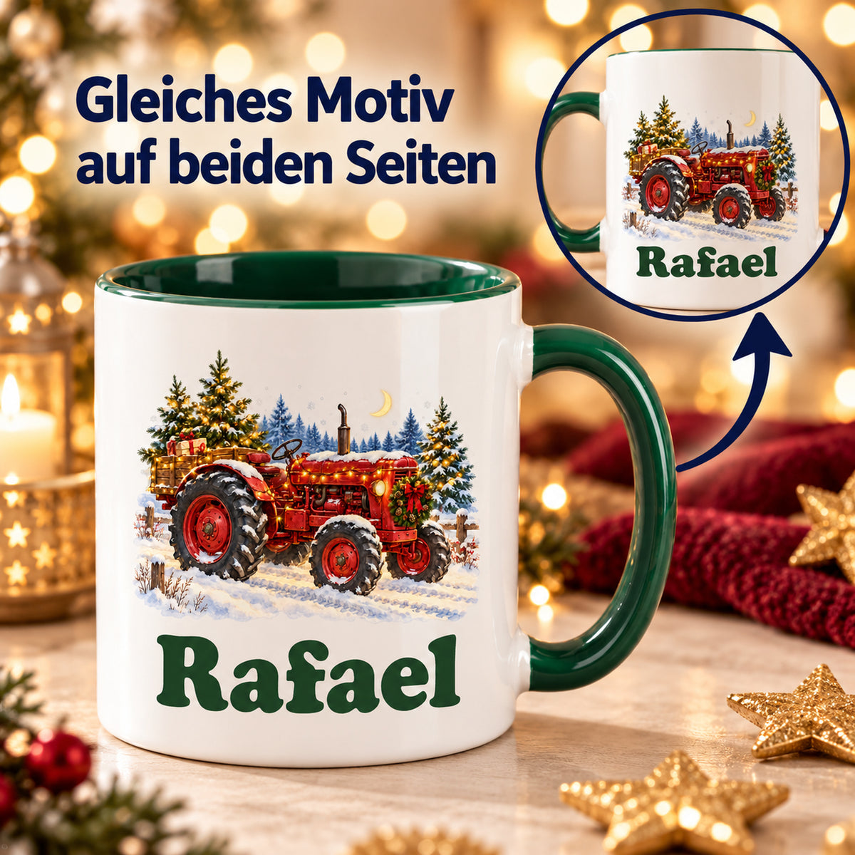 Weiße Tasse mit grünem Henkel: Trecker mit Lichterkette; runder Ausschnitt zeigt gleichen Druck auf der Gegenseite.