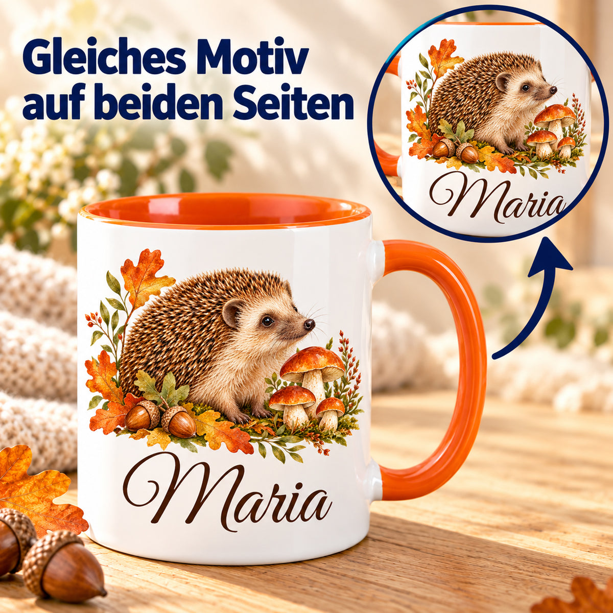 Tasse mit Igel, Pilzen und Herbstlaub; Detailkreis und Drehpfeil zeigen das gleiche Motiv auf beiden Seiten.