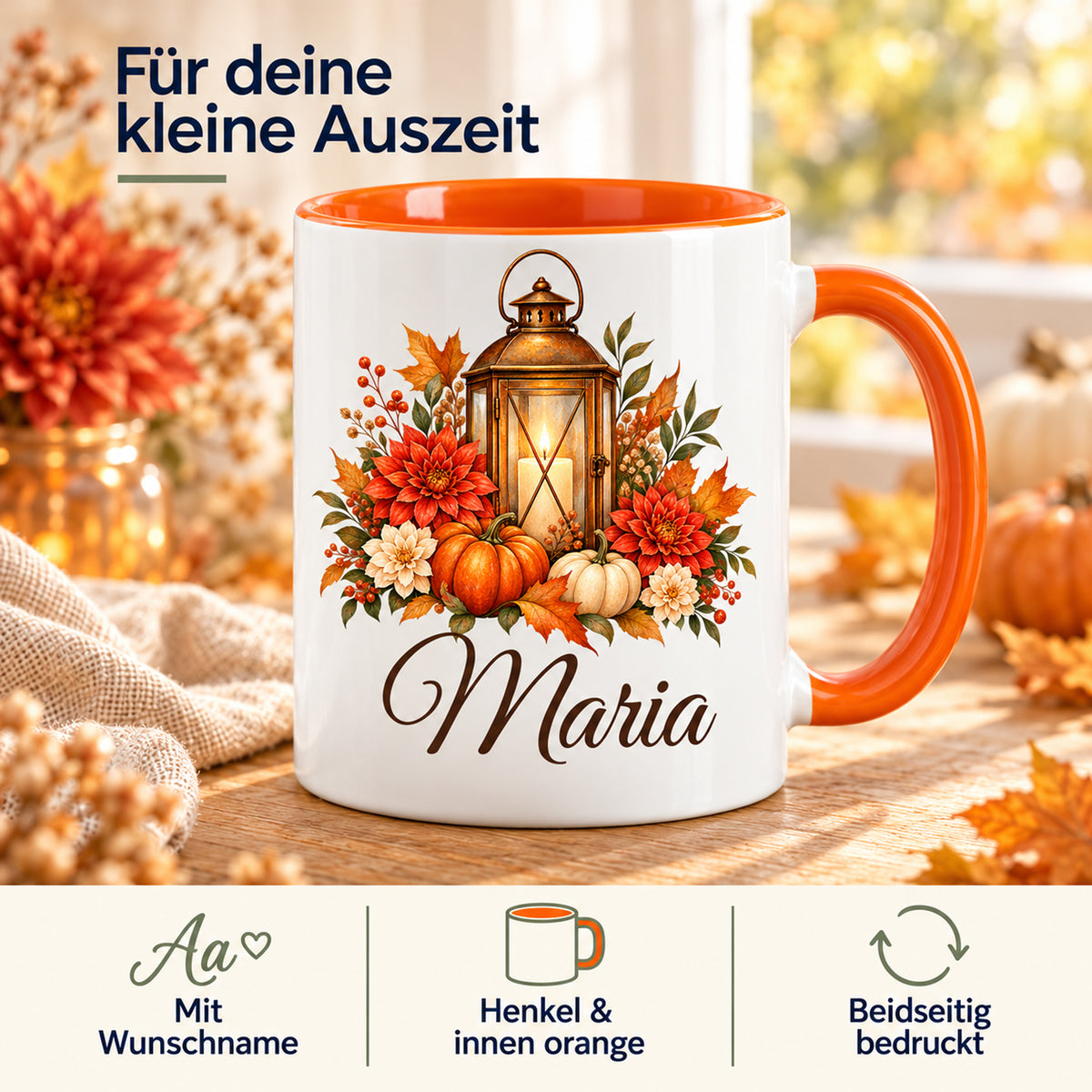 Herbsttasse mit Laterne: Wunschname, orangefarbener Henkel und Innenbereich sowie beidseitiger Druck.
