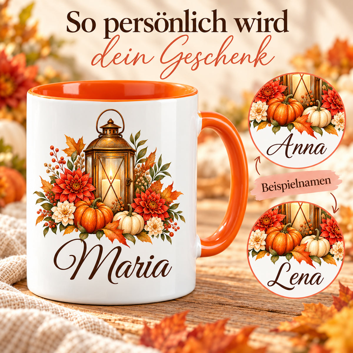 Herbsttasse mit Laterne und großem Wunschnamen sowie zwei weiteren Namensbeispielen in Detailkreisen.