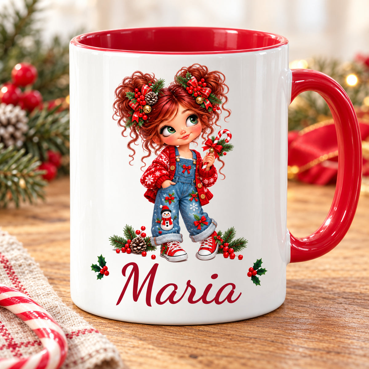 Personalisierte Weihnachtstasse mit Mädchenmotiv Zuckerstange und Wunschname, weiß mit rotem Henkel und roter Innenseite.