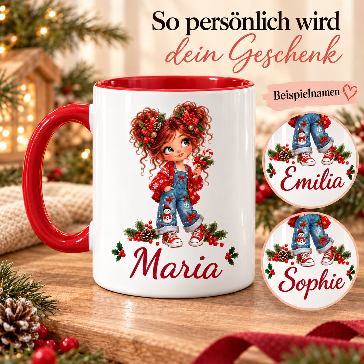 Namenspersonalisierung der Weihnachtstasse Zuckerstange mit verschiedenen Wunschnamen als Gestaltungsbeispiele.