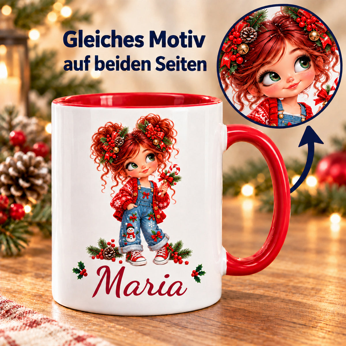 Weihnachtstasse Zuckerstange mit Wunschname und Detailansicht des gleichen Drucks auf beiden Seiten.