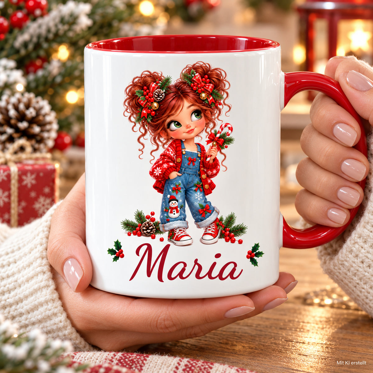 Hände halten die personalisierte Weihnachtstasse Zuckerstange mit Wunschname in einer Weihnachtsszene.