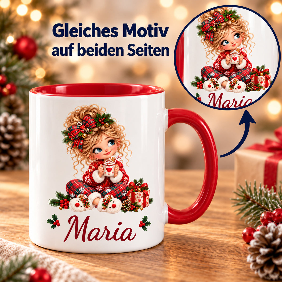 Weihnachtstasse Kakao mit Wunschname und Detailansicht des gleichen Drucks auf beiden Seiten.