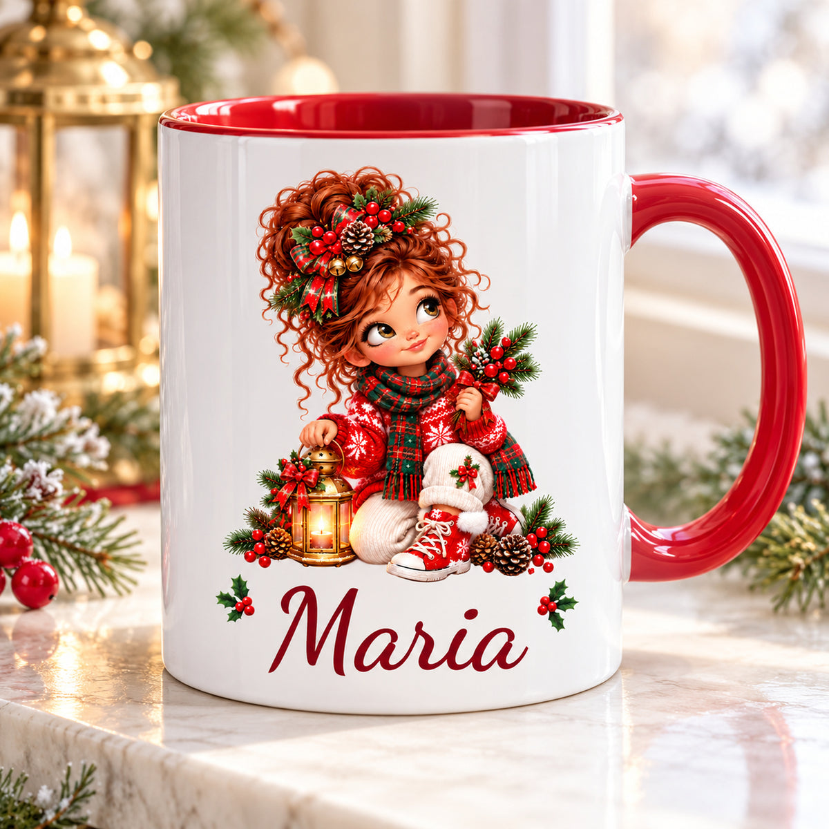 Personalisierte Weihnachtstasse mit Mädchenmotiv Laterne und Wunschname, weiß mit rotem Henkel und roter Innenseite.
