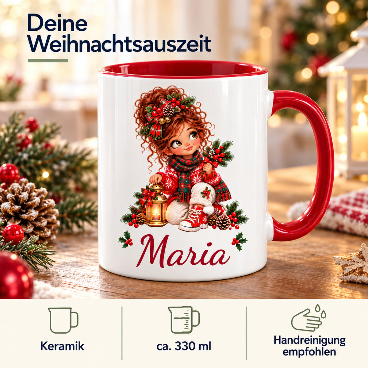 Weihnachtstasse Laterne mit Wunschname und Angaben zu Keramik, ca. 330 ml und empfohlener Handreinigung.