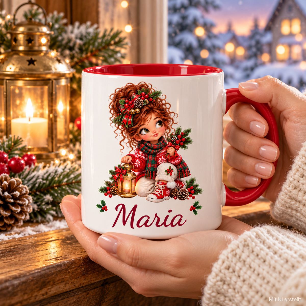 Hände halten die personalisierte Weihnachtstasse Laterne mit Wunschname in einer Weihnachtsszene.