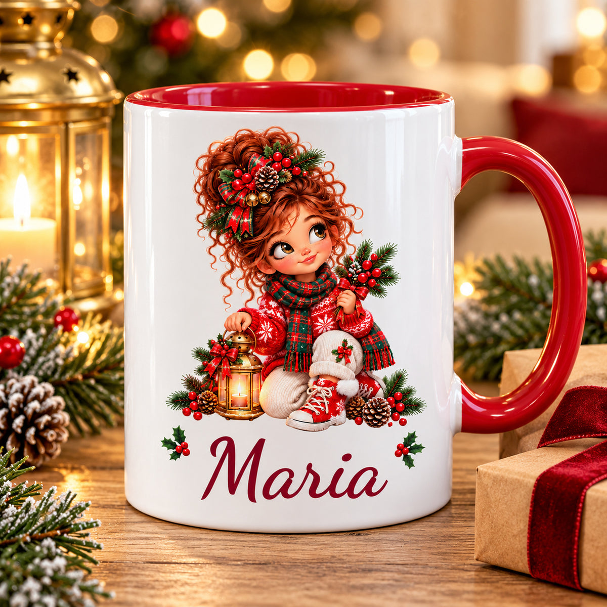 Personalisierte Weihnachtstasse Laterne mit Wunschname in weihnachtlicher Geschenkszene.
