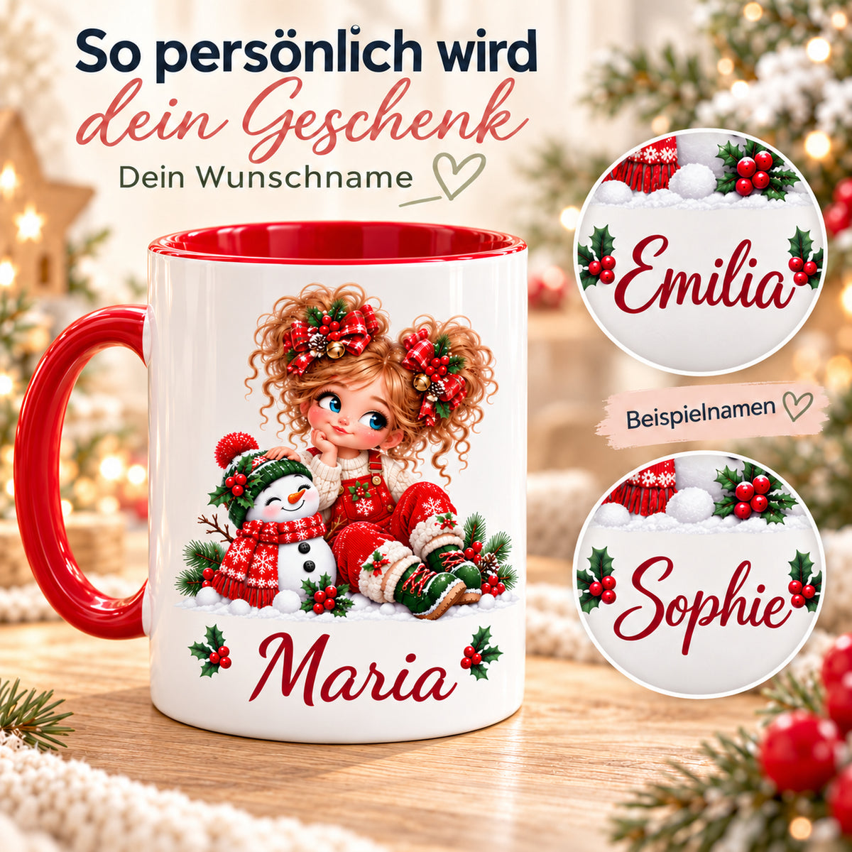 Namenspersonalisierung der Weihnachtstasse Schneemann mit verschiedenen Wunschnamen als Gestaltungsbeispiele.